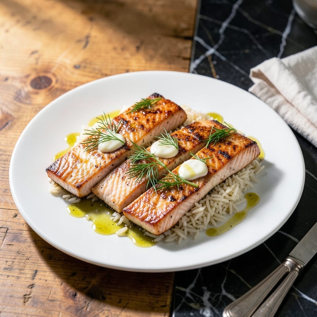 Salmon and Rice Recipe With Sauce: Pan-Seared Fillets on Fragrant Jasmine with Lemon-Dill Drizzle
