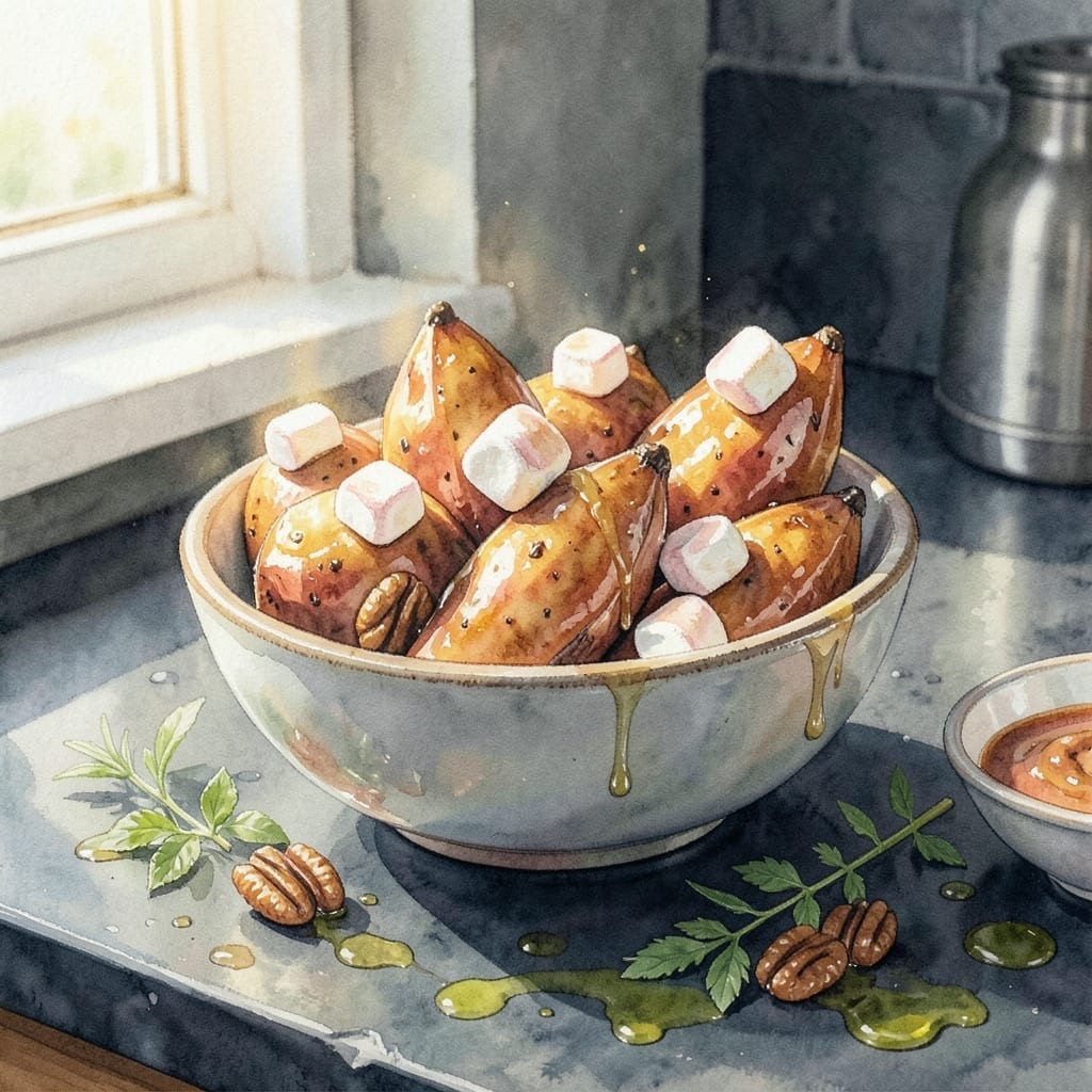 Candied Sweet Potatoes Recipe With Marshmallows and Pecans: Golden Pecan Crunch With Melted Marshmallow Swirl Candied Sweet Potatoes Recipe With Marshmallows and Pecans: Golden Pecan Crunch With Melted Marshmallow Swirl
