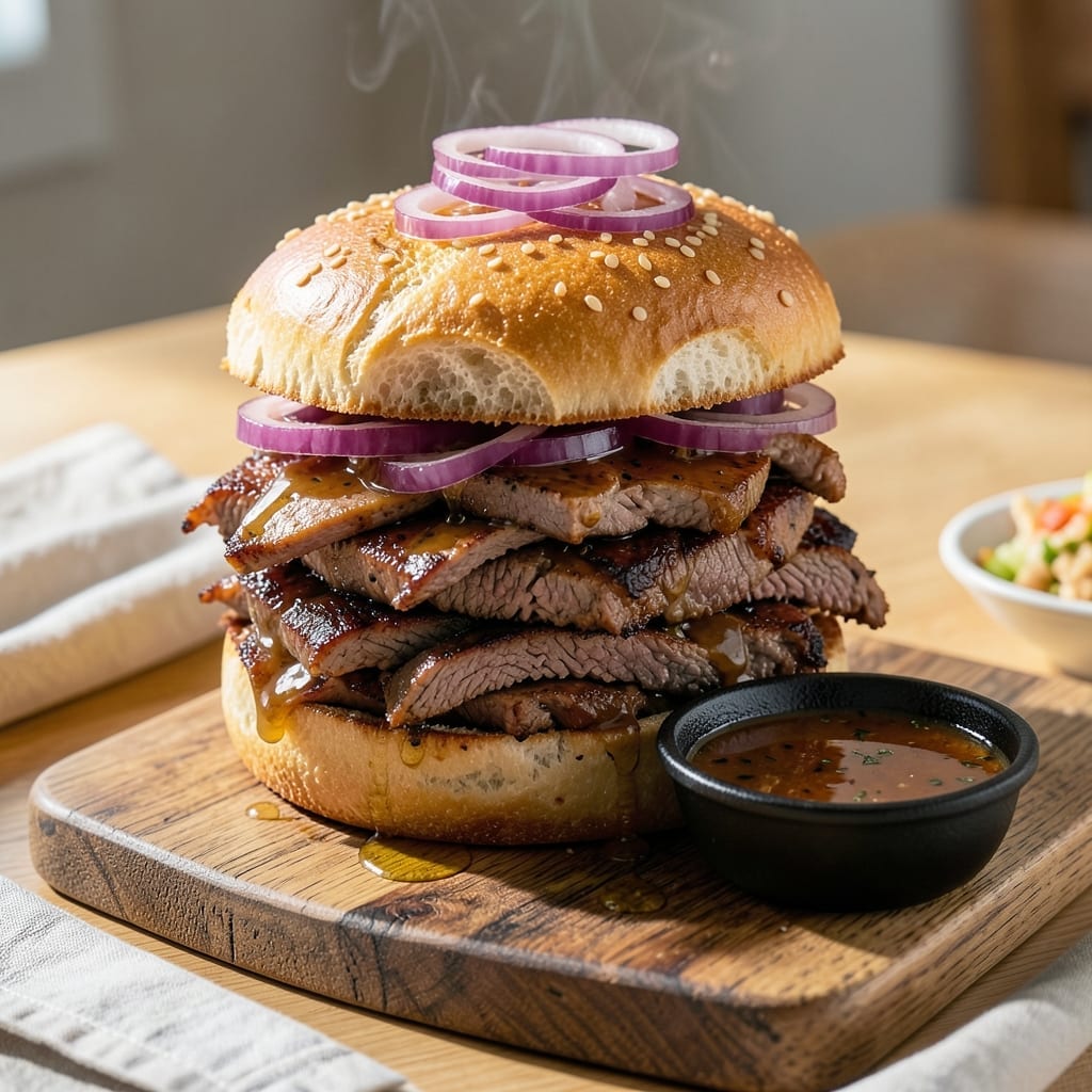 Recipe for French Dip Sandwich With Au Jus: Melt-in-Your-Mouth Beef and Rich Broth Recipe for French Dip Sandwich With Au Jus: Melt-in-Your-Mouth Beef and Rich Broth