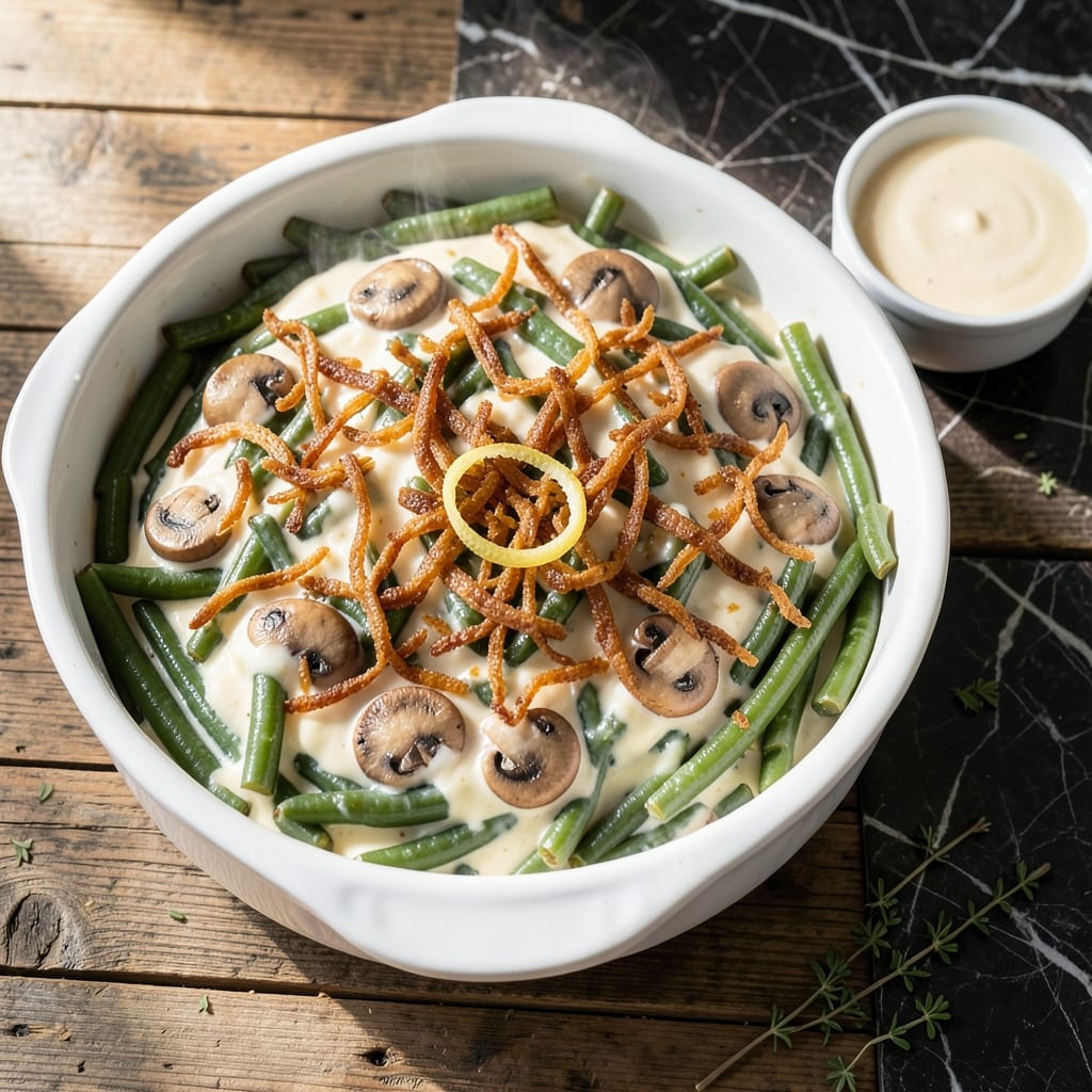 Pioneer Woman Recipe for Green Bean Casserole: Creamy Mushroom Sauce With Crispy Onion Topping