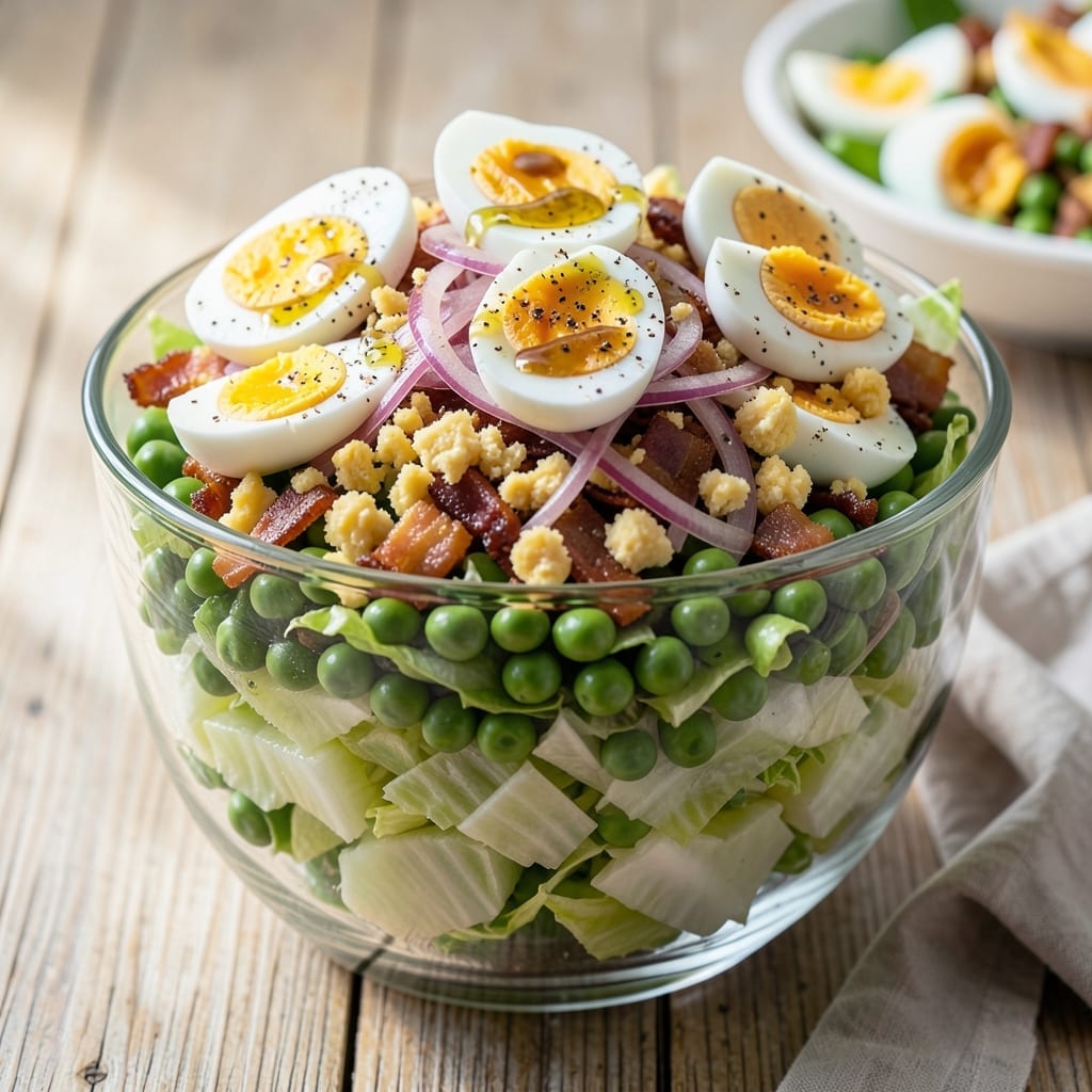 7 Layer Salad Recipe With Eggs And Peas: Classic Potluck Crowd Pleaser 7 Layer Salad Recipe With Eggs And Peas: Classic Potluck Crowd Pleaser