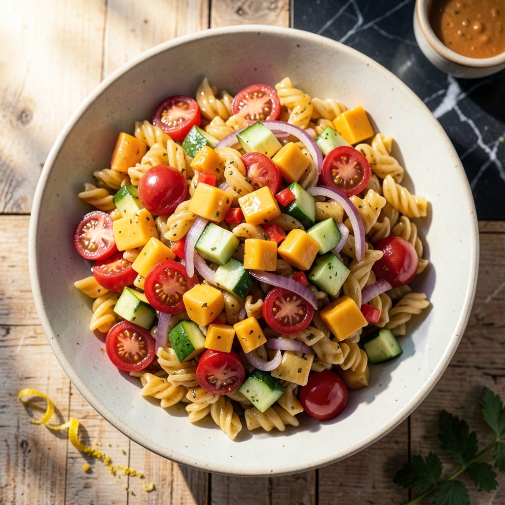 Pasta Salad Recipe With Cheddar Cheese: Colorful Garden Freshness in Every Bite Pasta Salad Recipe With Cheddar Cheese: Colorful Garden Freshness in Every Bite