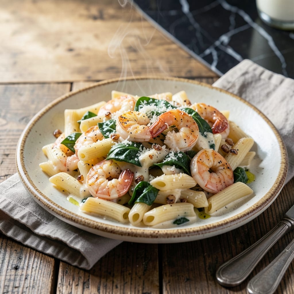 Recipe for Cheese Shrimp Penne Pasta and Spinach: Garlicky Cream Sauce With Garden-Fresh Greens Recipe for Cheese Shrimp Penne Pasta and Spinach: Garlicky Cream Sauce With Garden-Fresh Greens