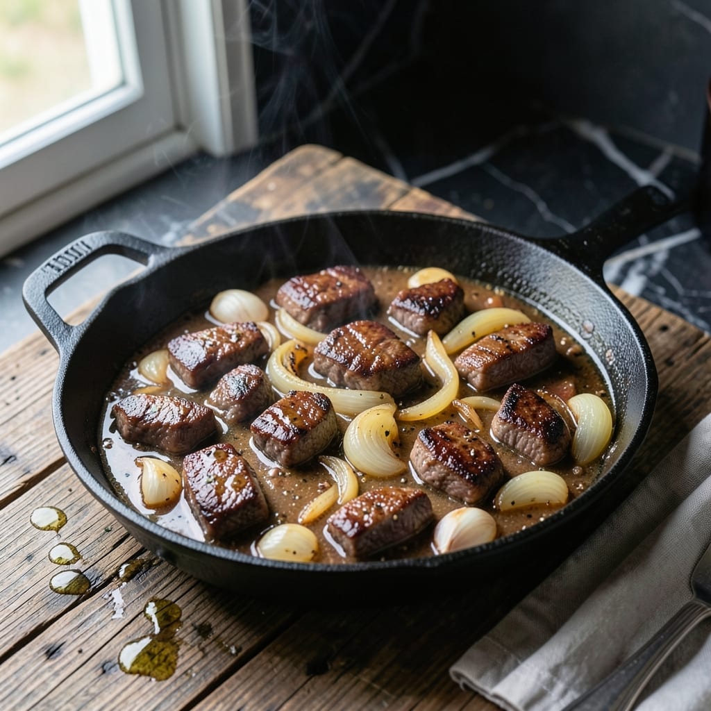 Recipe for Beef Tips in the Oven: Melt-in-Your-Mouth Bites With Caramelized Onions Recipe for Beef Tips in the Oven: Melt-in-Your-Mouth Bites With Caramelized Onions