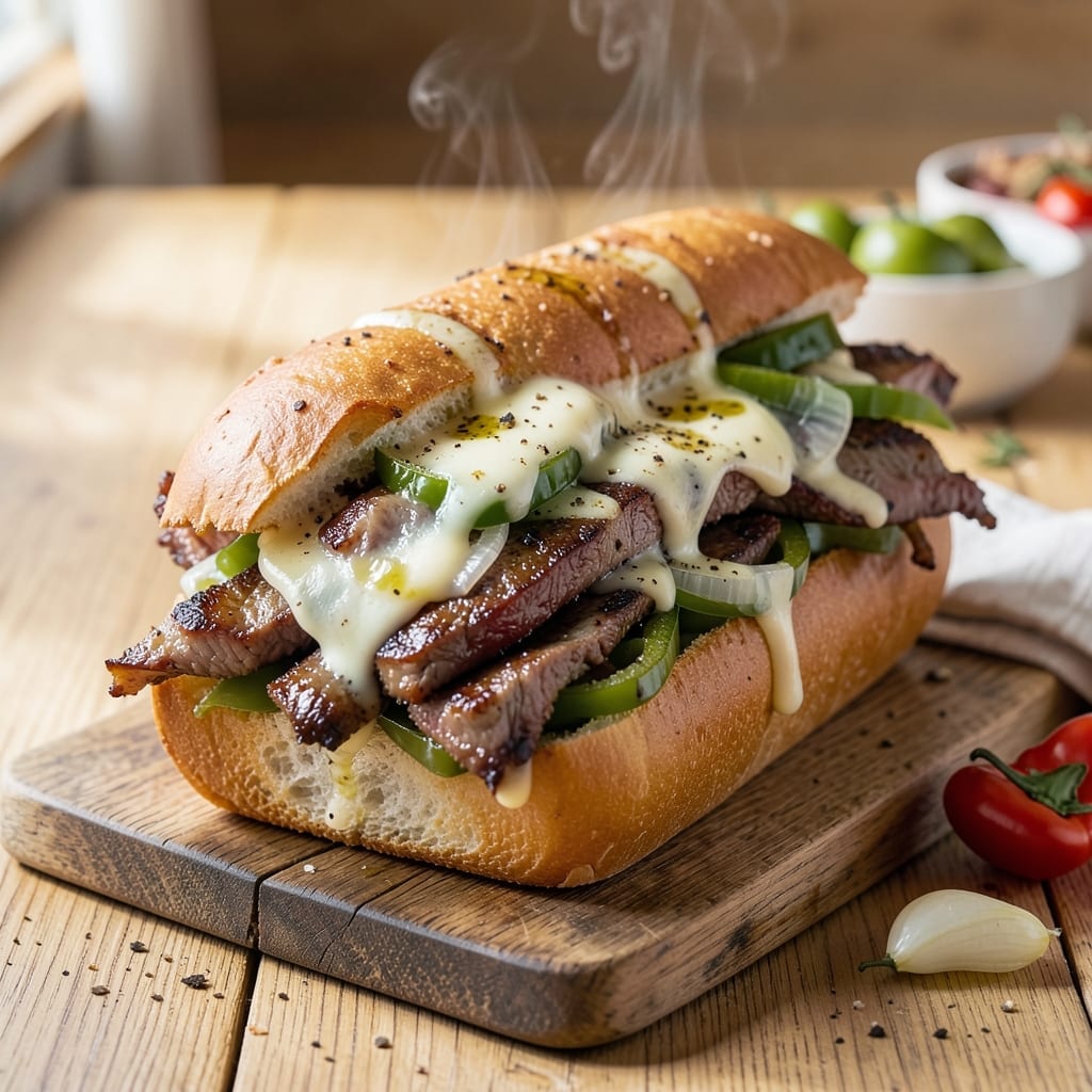Philly Cheesesteak Sandwich Recipe With Roast Beef: Melted Cheese and Sizzling Peppers Philly Cheesesteak Sandwich Recipe With Roast Beef: Melted Cheese and Sizzling Peppers