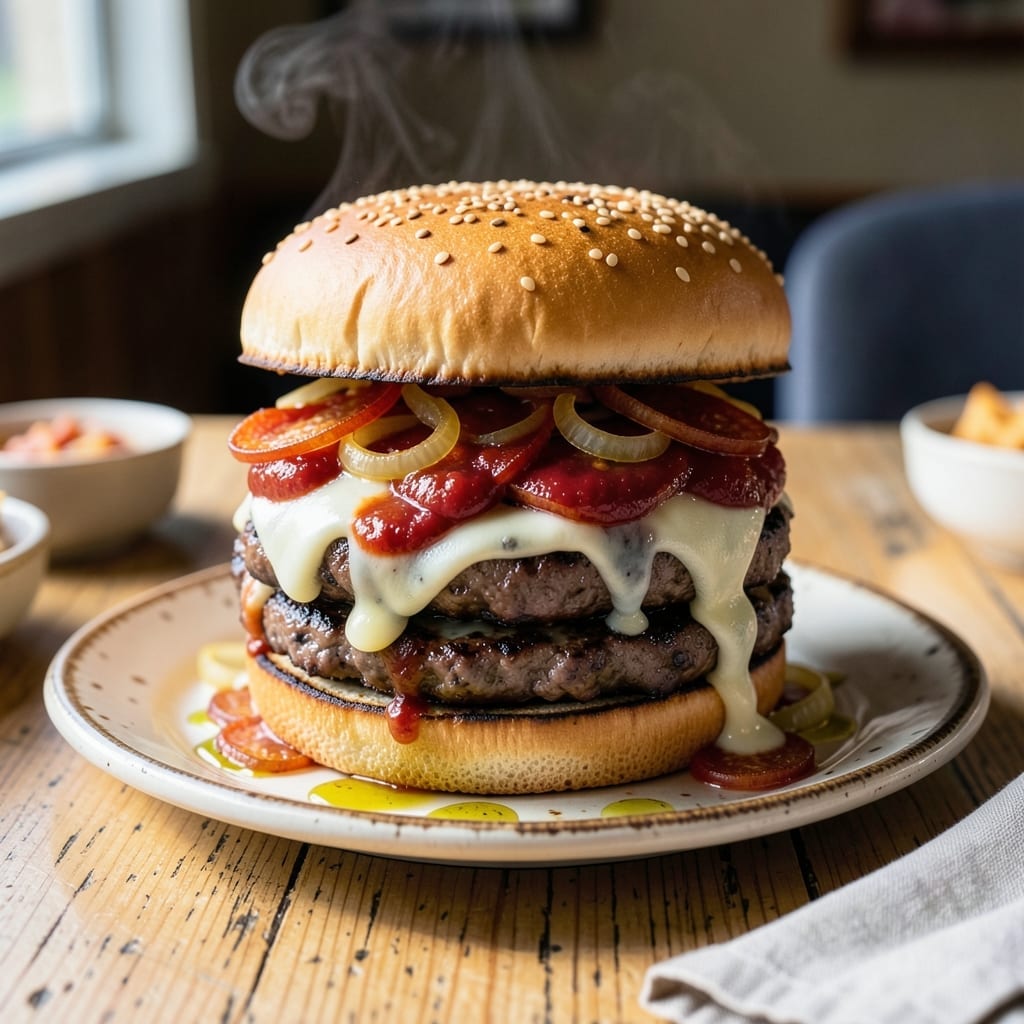 Pizza Burger Recipe From The 70s: Retro Diner Style With Cheesy Toppings Pizza Burger Recipe From The 70s: Retro Diner Style With Cheesy Toppings