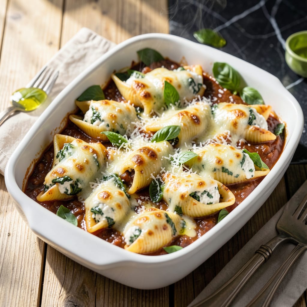 Barilla Stuffed Shells Recipe: Cheesy Spinach and Ricotta Bake illustration with key details