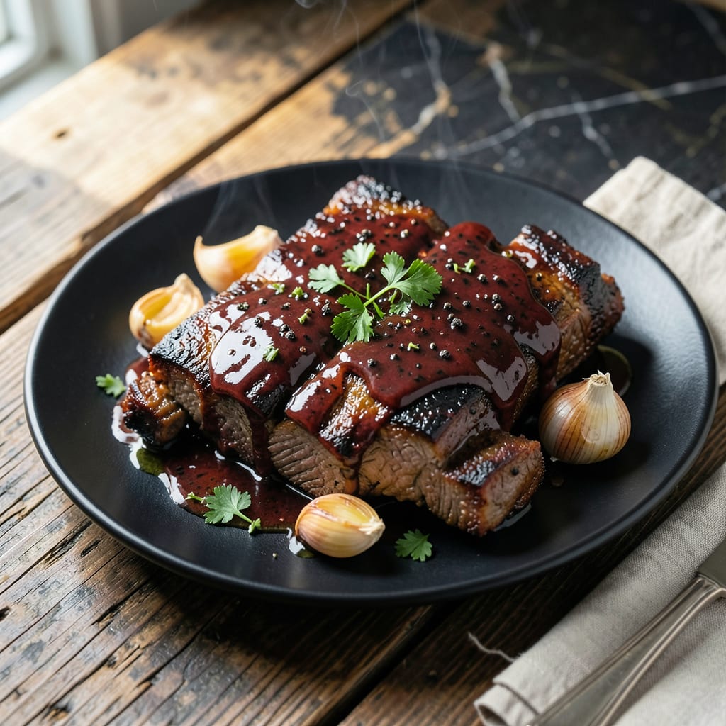 BBQ Beef Short Ribs Recipe Oven: Slow Braised Sticky Glaze illustration with key details
