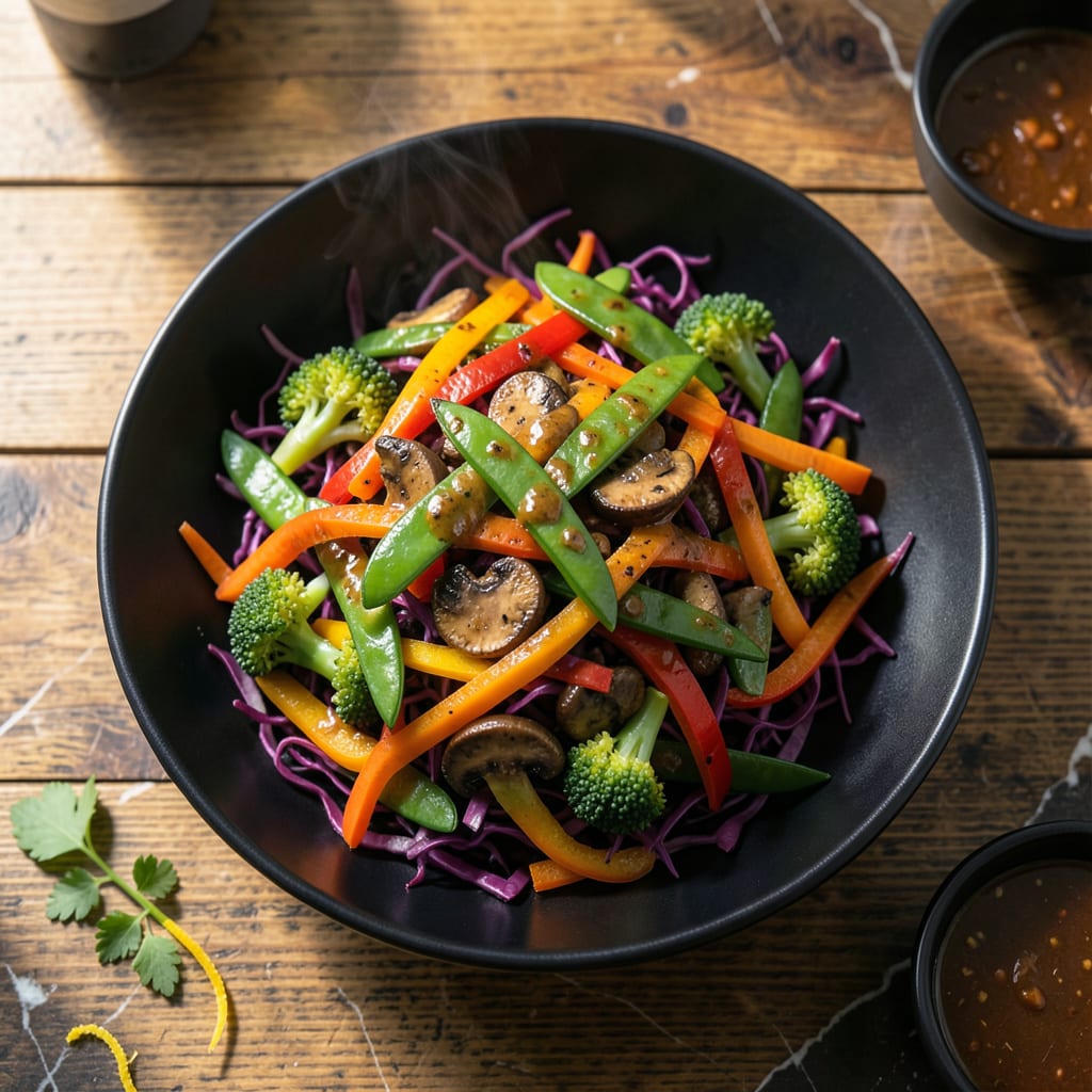 Best Vegetable Stir Fry Recipe: Rainbow Crunch With Peanut Sauce illustration with key details