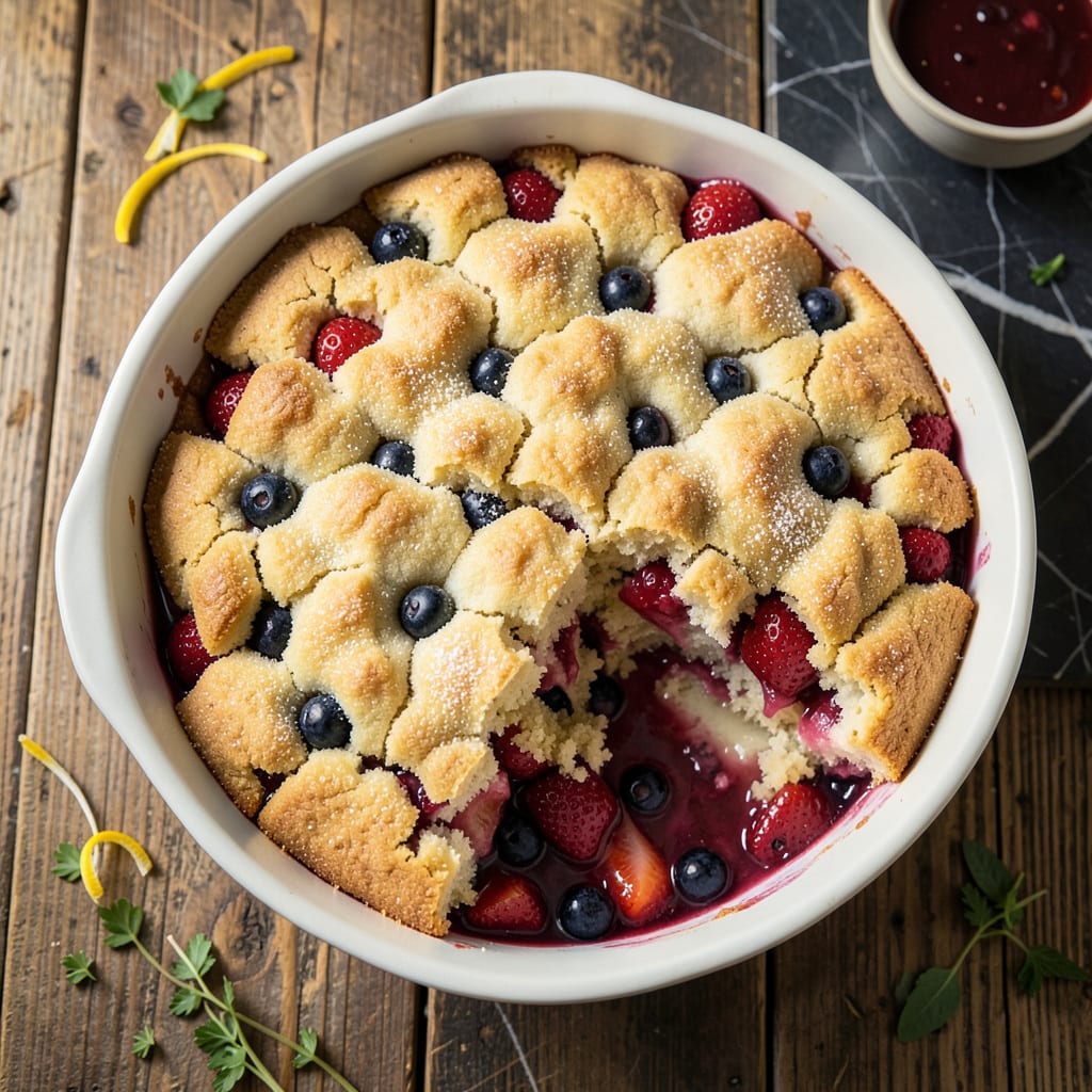 Bisquick Berry Cobbler Recipe: Warm Buttery Topping Over Juicy Berries illustration with key details