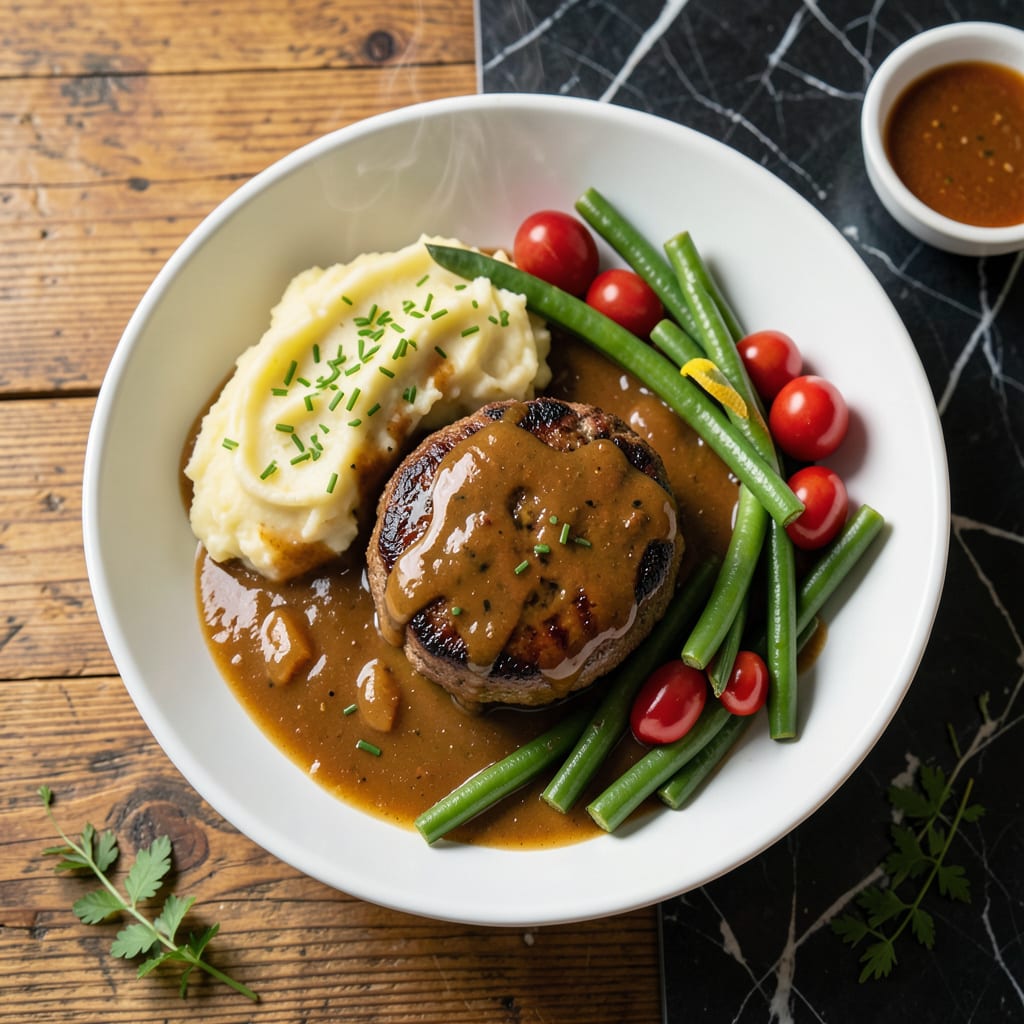 Bobby Flay's Salisbury Steak Recipe: Umami Rich Pan Gravy and Tender Patties illustration with key details