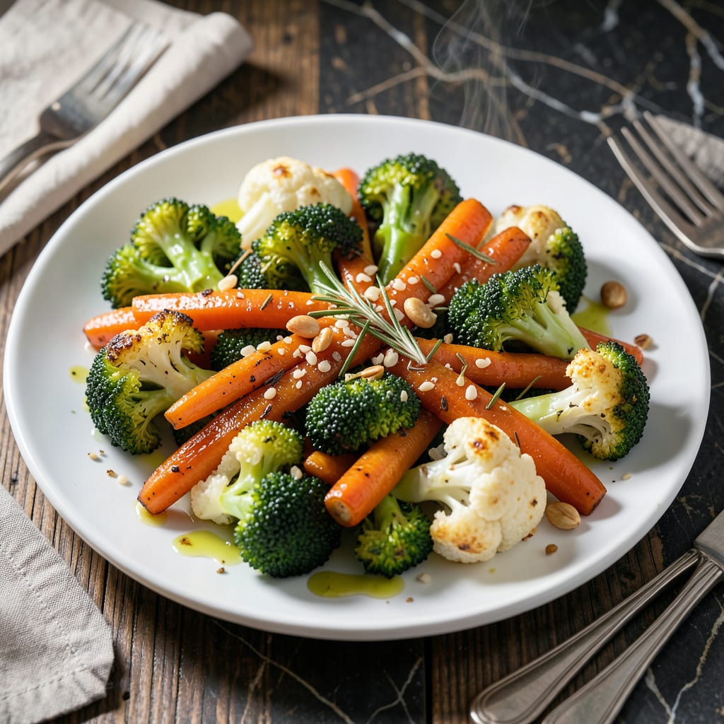 Visual representation of Broccoli, Cauliflower and Carrots Recipe: Roasted Rainbow Medley