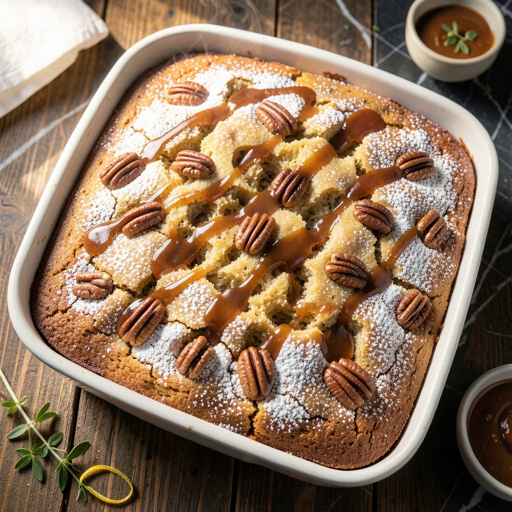 Butter Pecan Praline Poke Cake Recipe: Gooey Caramel Swirls in Every Slice example with annotations