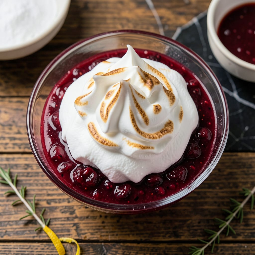 Cranberries in the Snow Recipe: Festive Meringue Kissed Berries illustration with key details