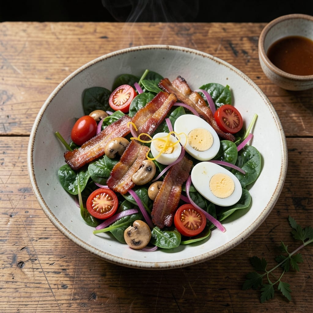 Recipe For Hot Bacon Spinach Salad: Warm Crispy Bites With Tangy Dressing Recipe For Hot Bacon Spinach Salad: Warm Crispy Bites With Tangy Dressing