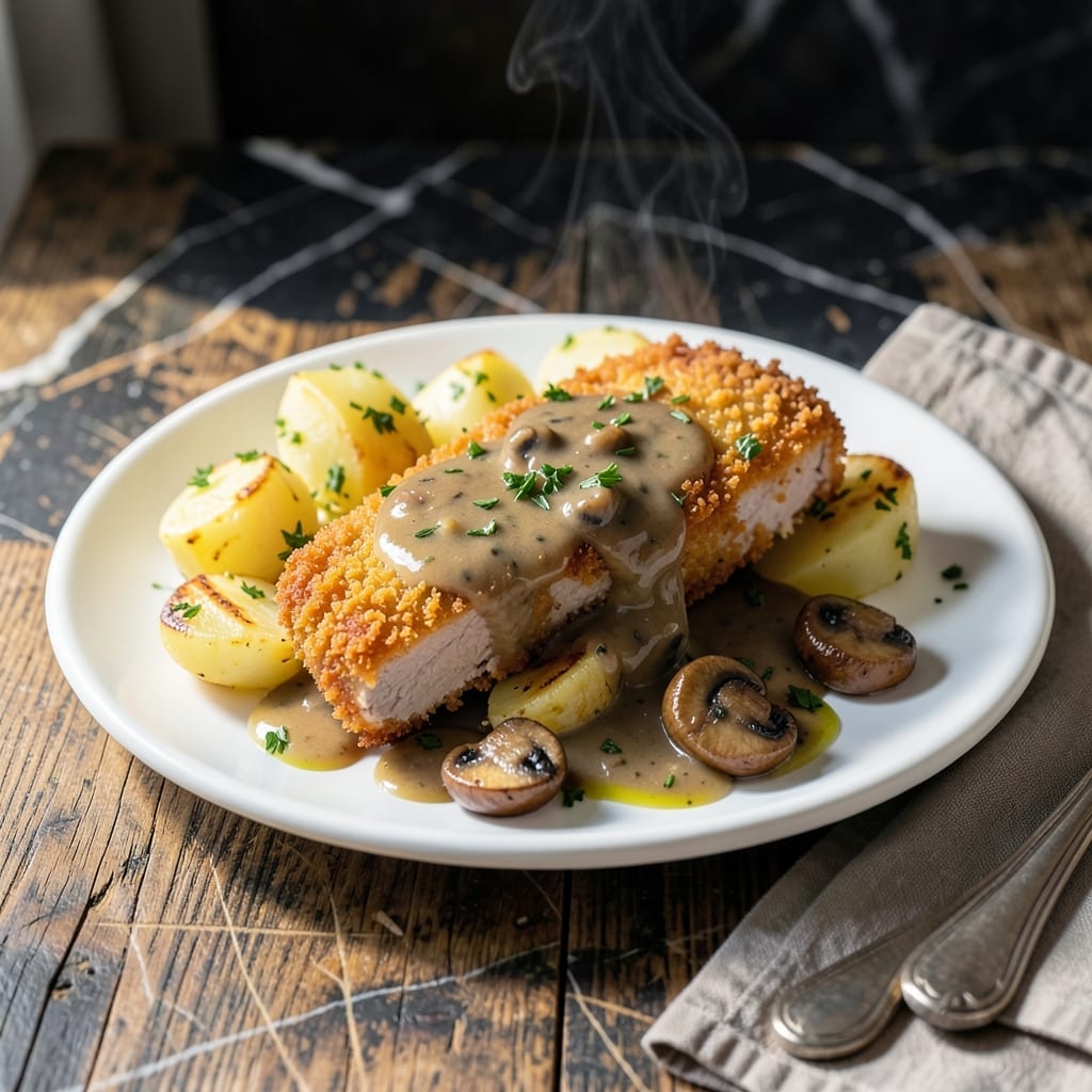 Pork Schnitzel Recipe With Mushroom Gravy: German-Style Crispy Cutlets and Rich Sauce