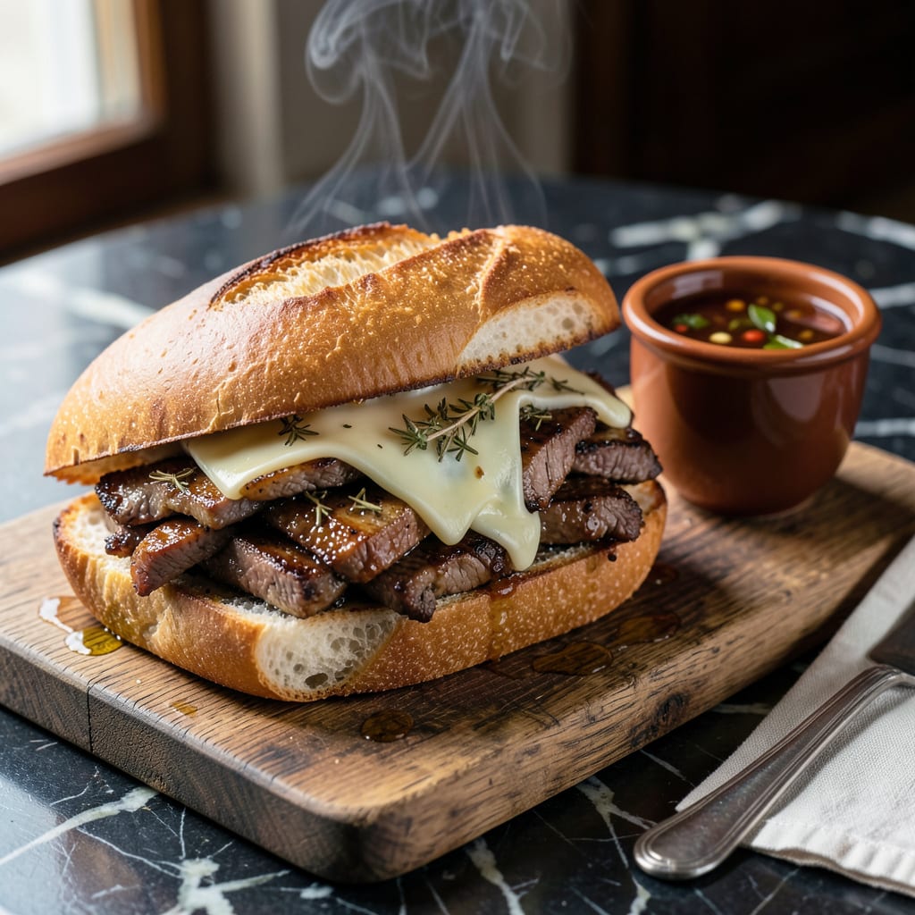 French Dip Sandwich Recipe: Au Jus Soaked Beef on Toasted Baguette example with annotations