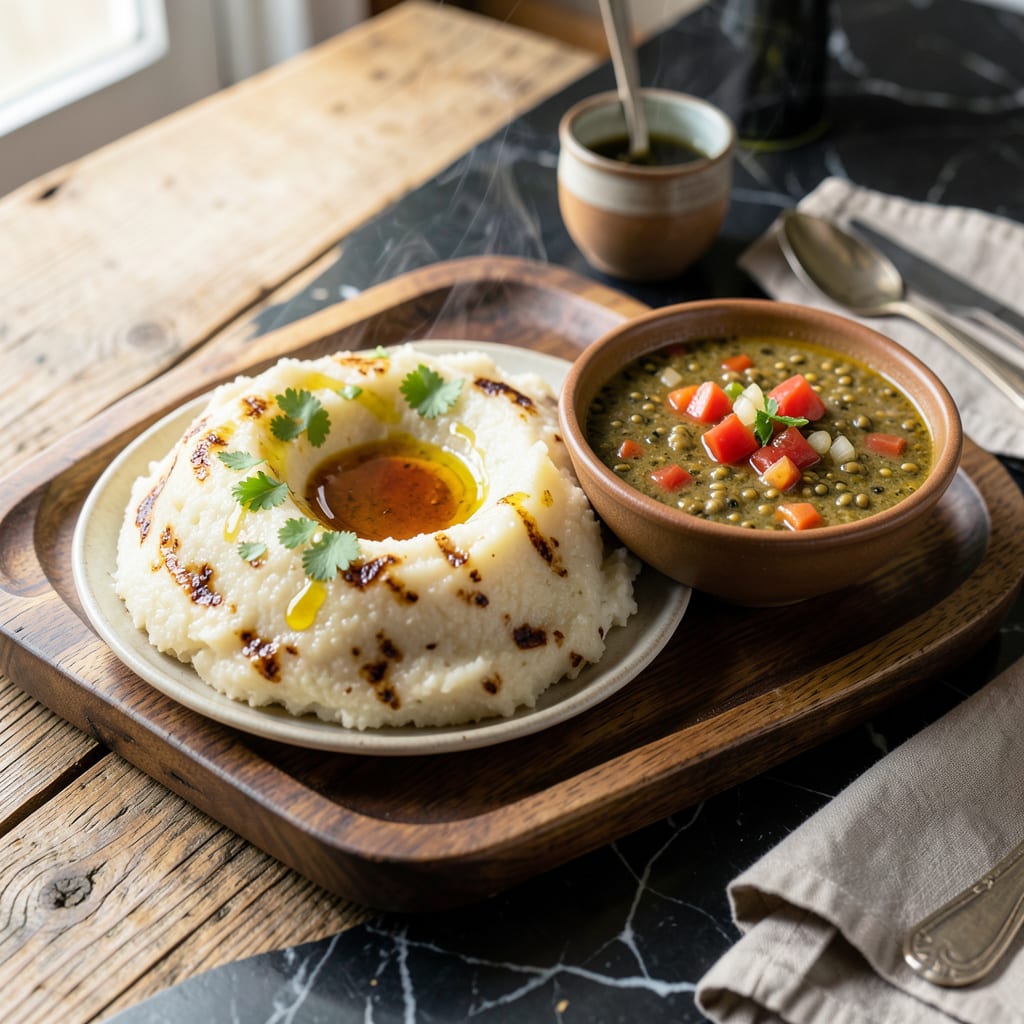Fufu and Egusi Recipe: Swallow and Soup Harmony on a Plate illustration with key details