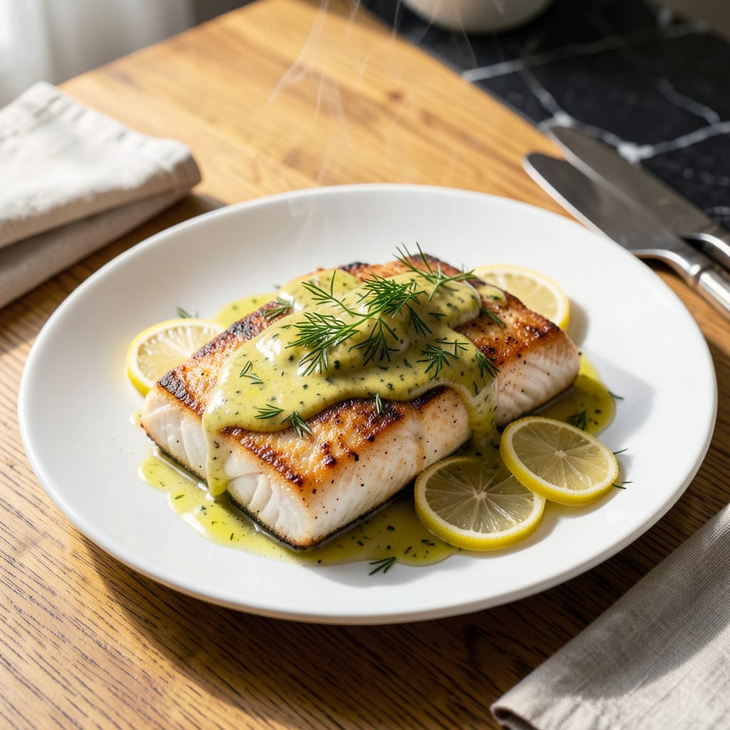 Visual representation of Ina Garten's Baked Halibut Recipe: Flaky White Fish with Lemon Herb Crust