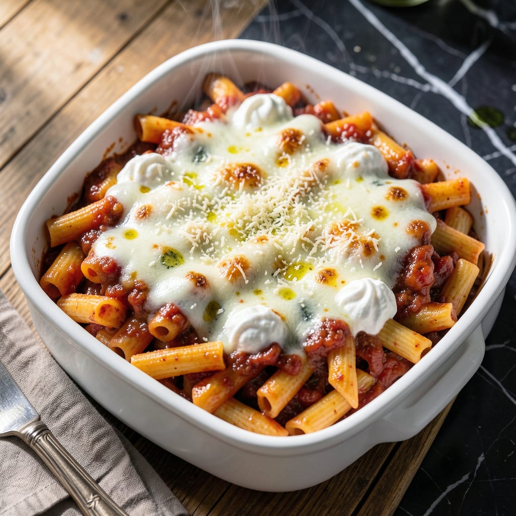 Ina Garten's Baked Ziti Recipe: Layered Cheesy Indulgence illustration with key details