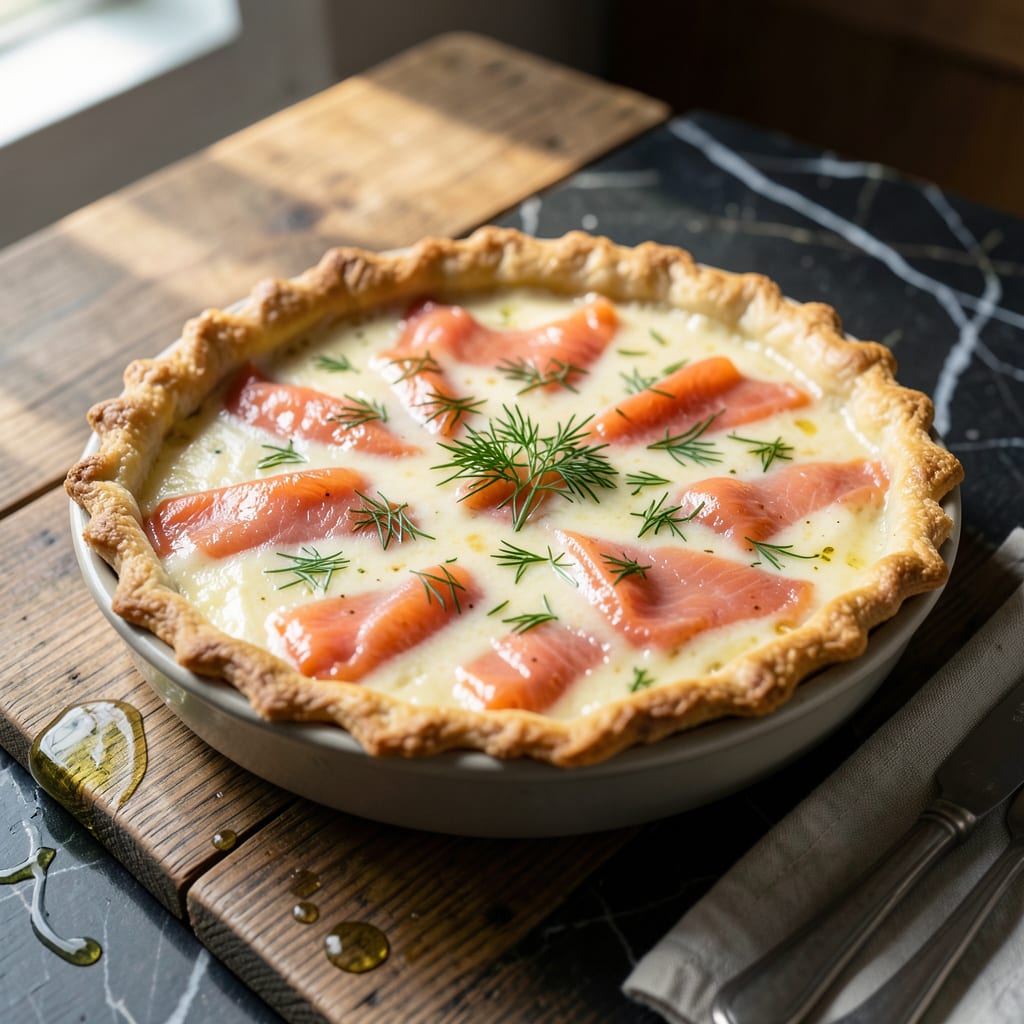 Visual representation of Jamie Oliver's Salmon Quiche Recipe: Flaky Crust With Smoked Salmon Delight