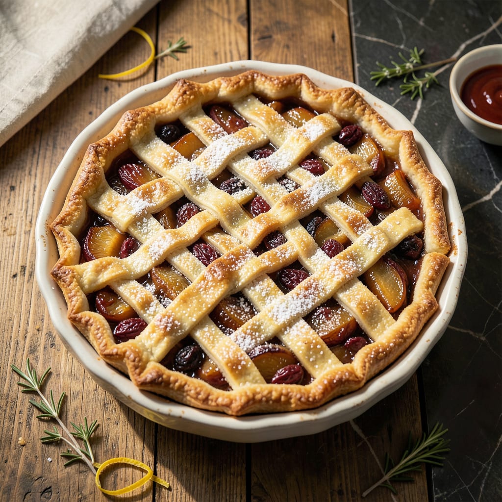 None Such Mincemeat Pie Recipe: Spiced Fruit Filling in Flaky Crust illustration with key details