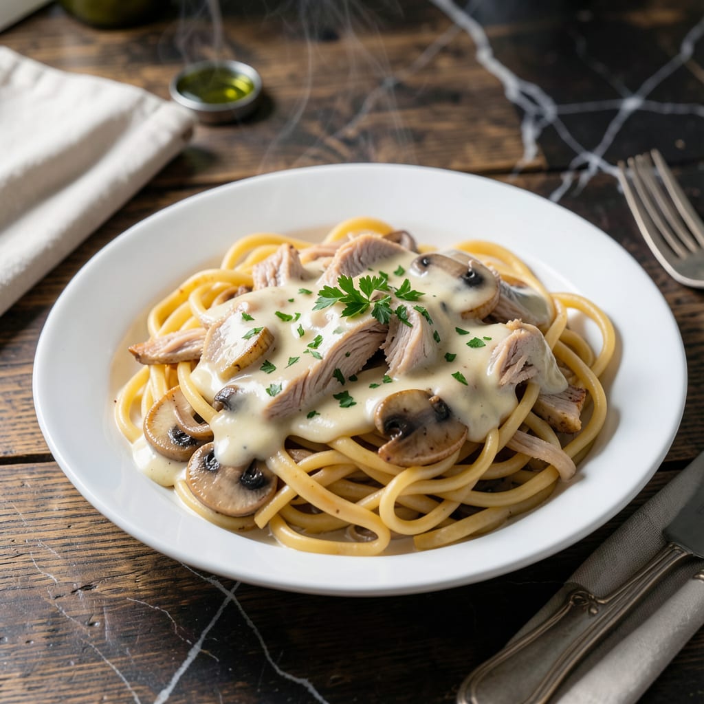 Original Betty Crocker Turkey Tetrazzini Recipe: Creamy Mushroom Sauce with Egg Noodles illustration with key details