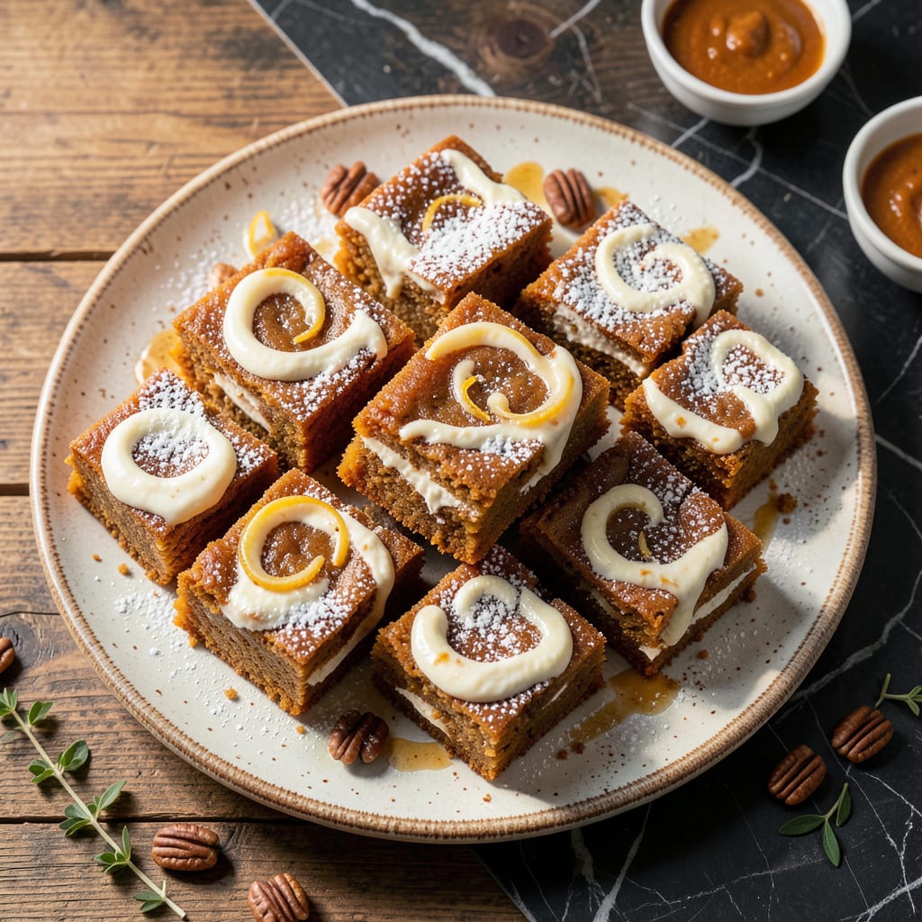 Paul's Pumpkin Bars Recipe: Spiced Cake With Cream Cheese Swirl illustration with key details