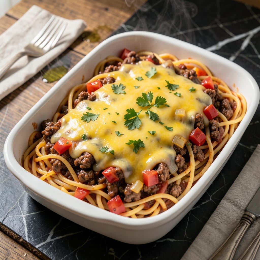 Paula Deen's Baked Spaghetti Recipe: Cheesy Southern Style Casserole example with annotations