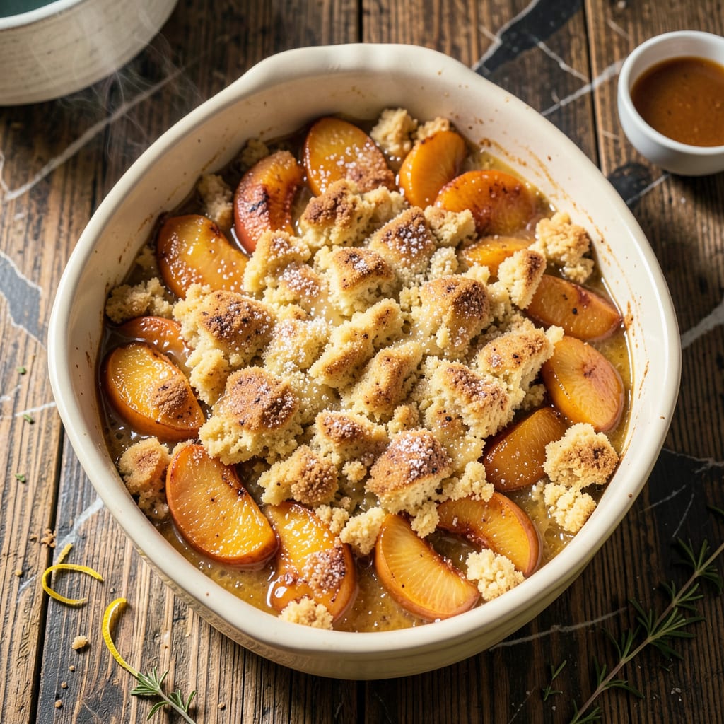 Paula Deen's Peach Cobbler Recipe: Buttery Biscuit Crown Over Spiced Peaches illustration with key details