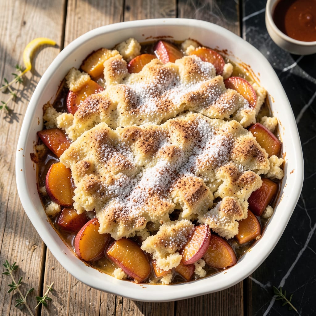 Comprehensive Peach Cobbler Recipe With Pancake Mix: Warm Spiced Peaches Under Fluffy Biscuit Topping visual reference