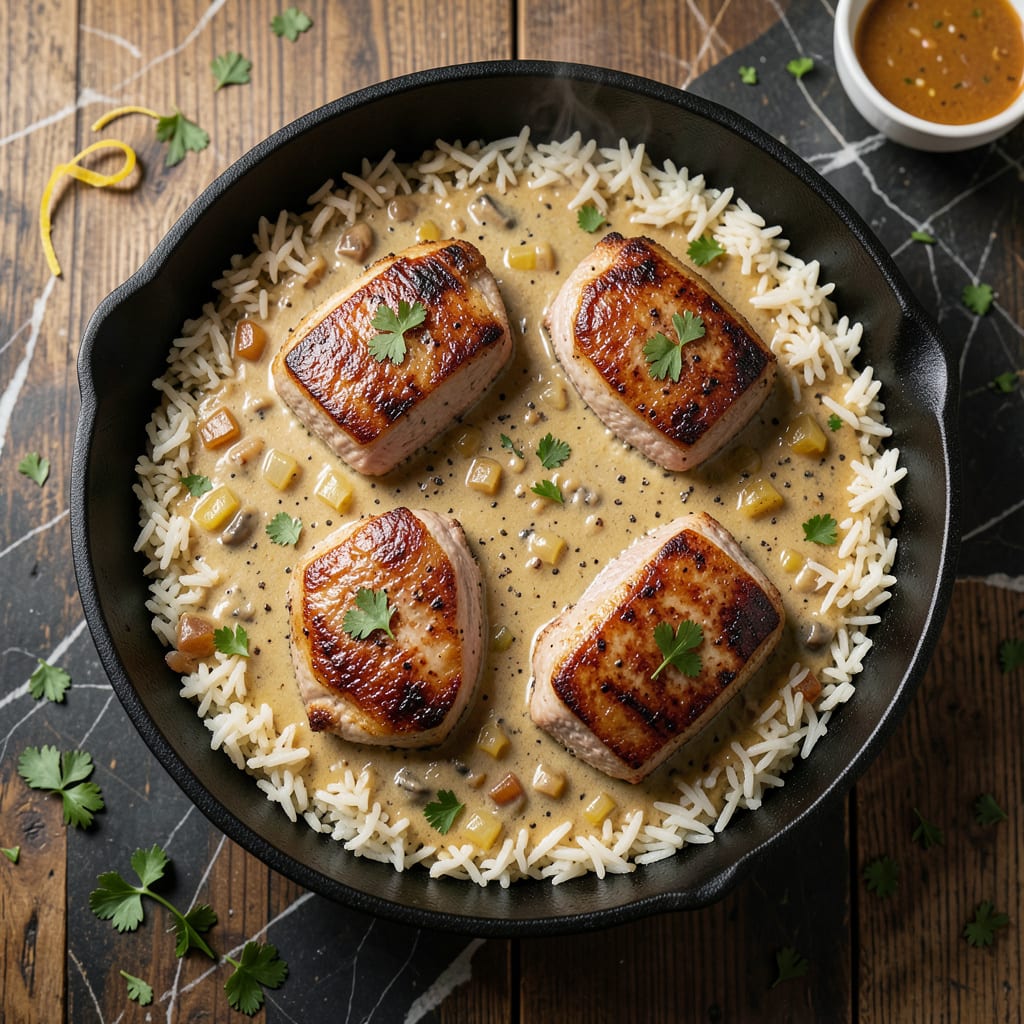 pork chop and rice casserole recipe illustration with key details