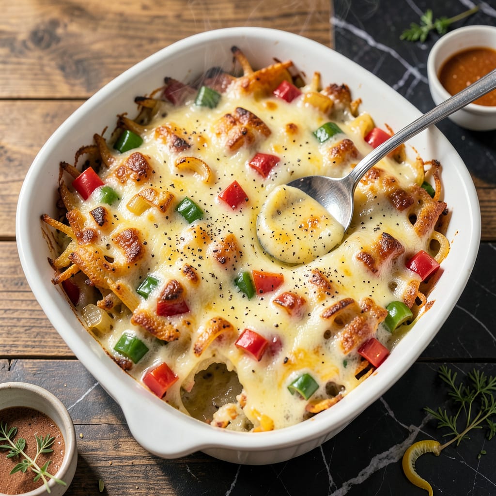 Potato O'Brien Casserole Recipe: Cheesy Hash Brown Bake With Peppers example with annotations