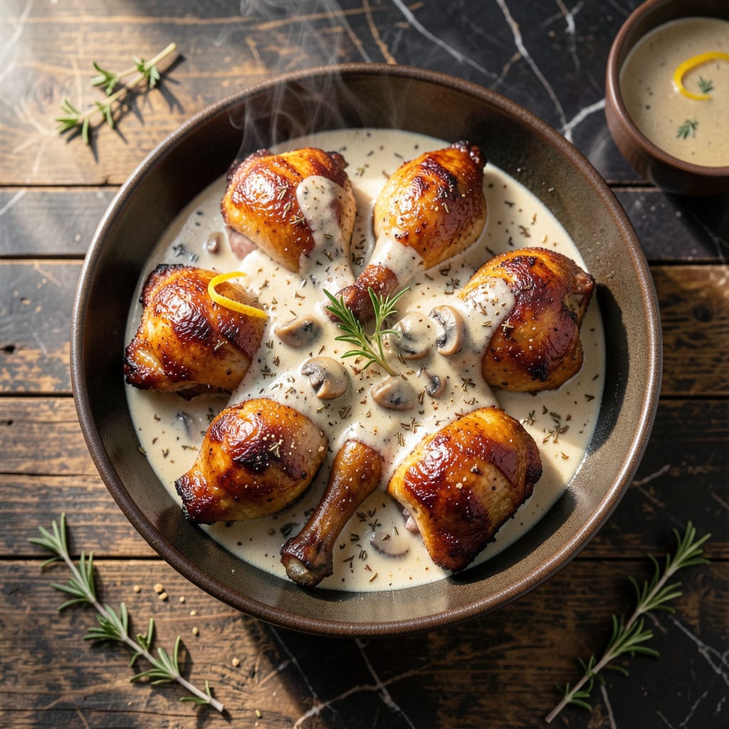 recipe for baked chicken legs with cream of mushroom soup illustration with key details