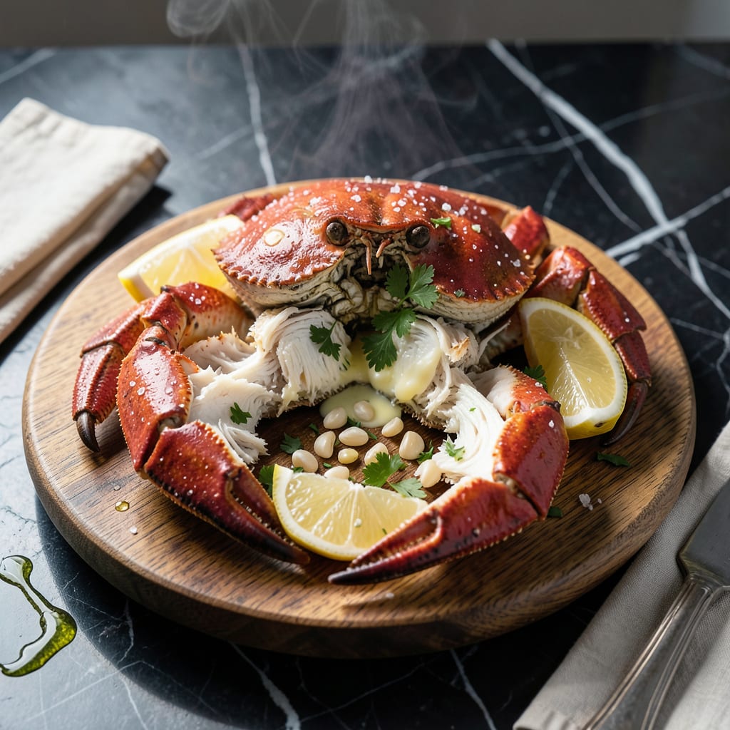 Recipe for Dungeness Crab: Sweet and Briny Pacific Coast Delight illustration with key details