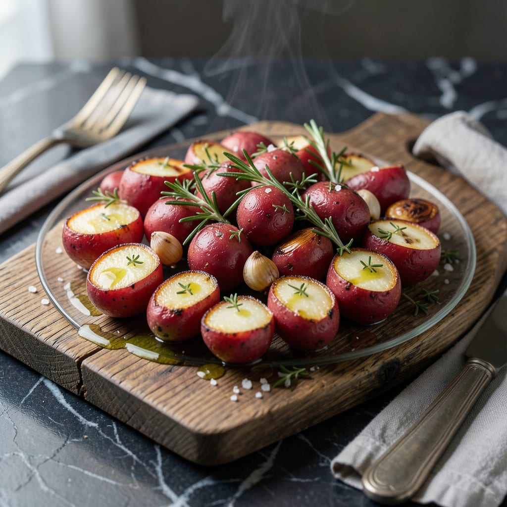 Recipe For Mini Red Potatoes: Garlic Herb Roasted Bites illustration with key details