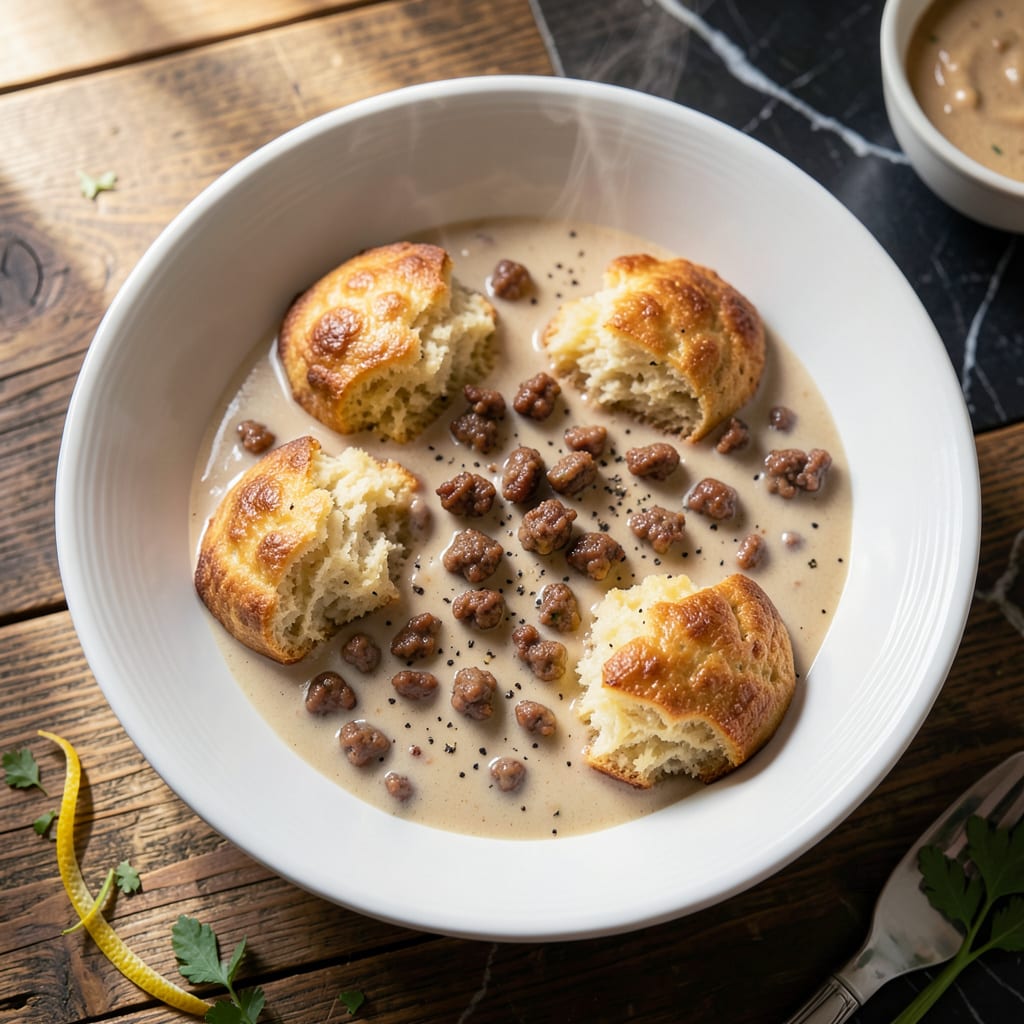 Recipe Rehab Biscuits and Gravy: Southern Style Comfort for Brunch illustration with key details