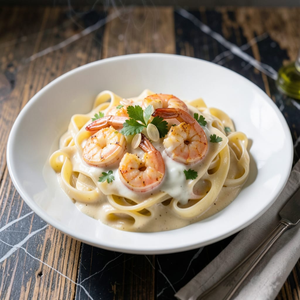 shrimp alfredo pasta recipe with jar sauce illustration with key details
