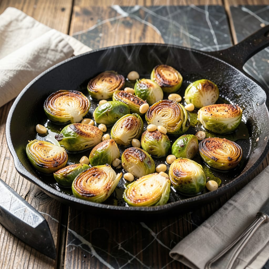 Visual representation of Stove Top Brussels Sprouts Recipe: Crispy Edges With Garlicky Bite