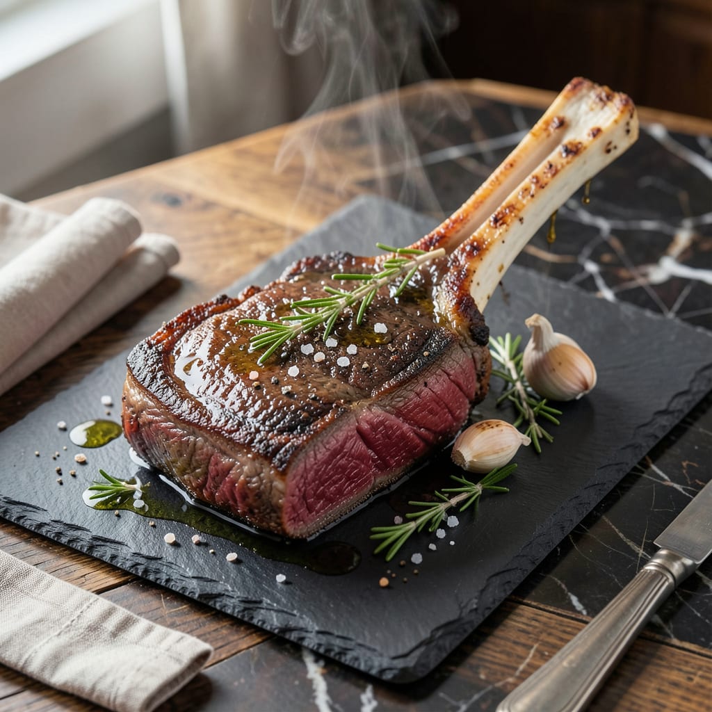 tomahawk steak in oven recipe example with annotations