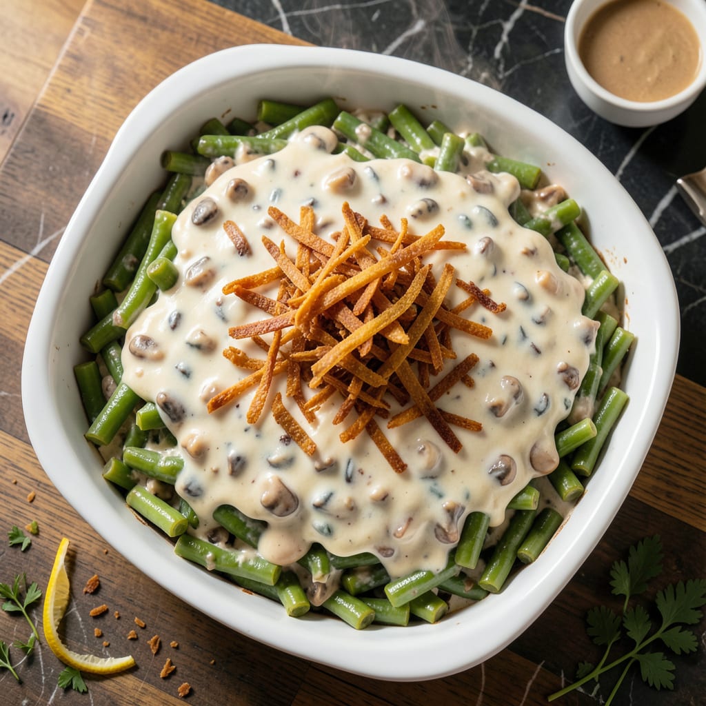 trader joes green bean casserole recipe illustration with key details