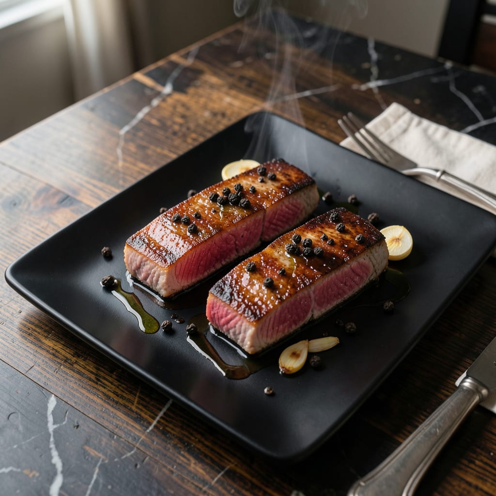 Tuna Steak Easy Recipe: Pan Seared with Pepper Crust illustration with key details