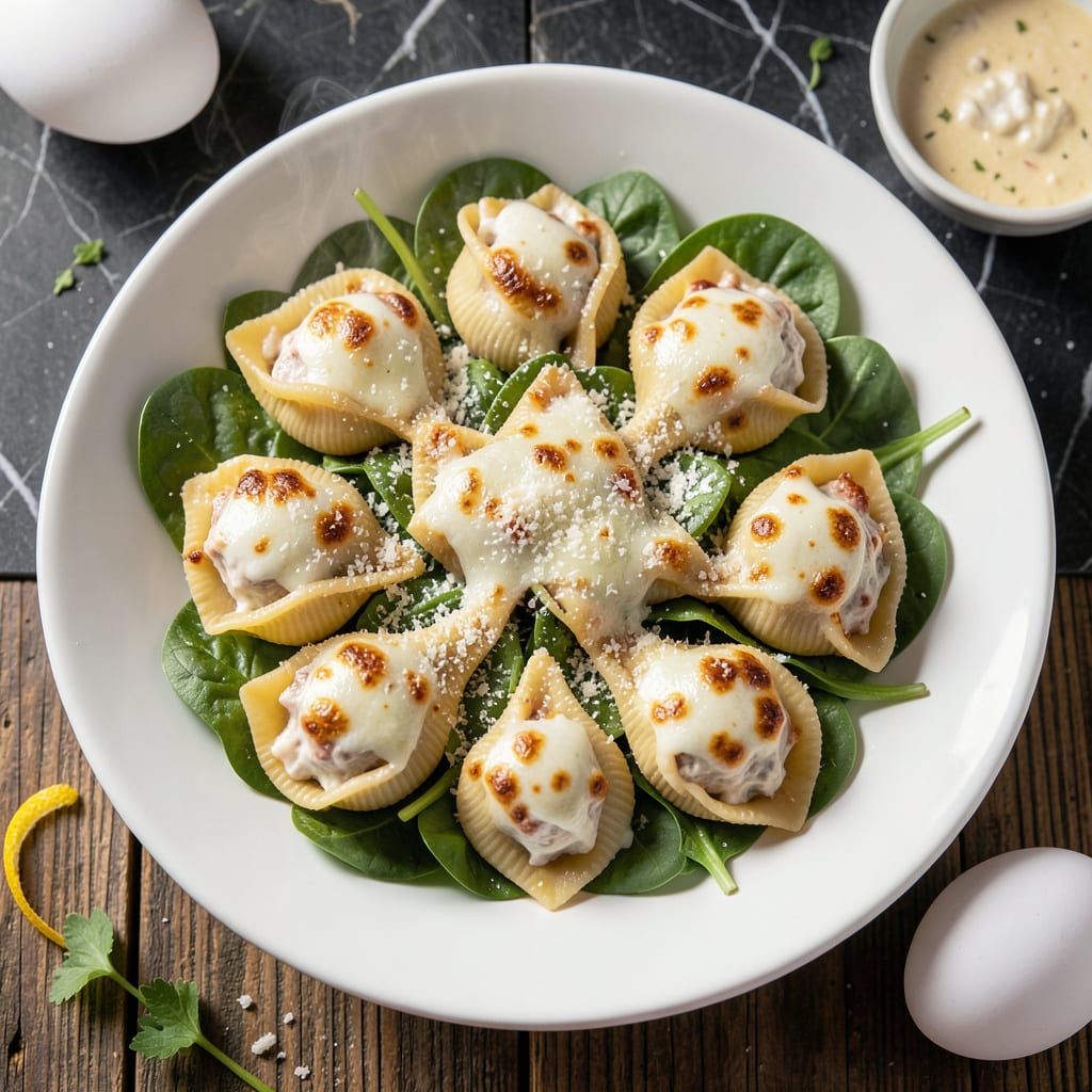 Unique Stuffed Shells Recipe: Three Cheese Spinach Surprise illustration with key details