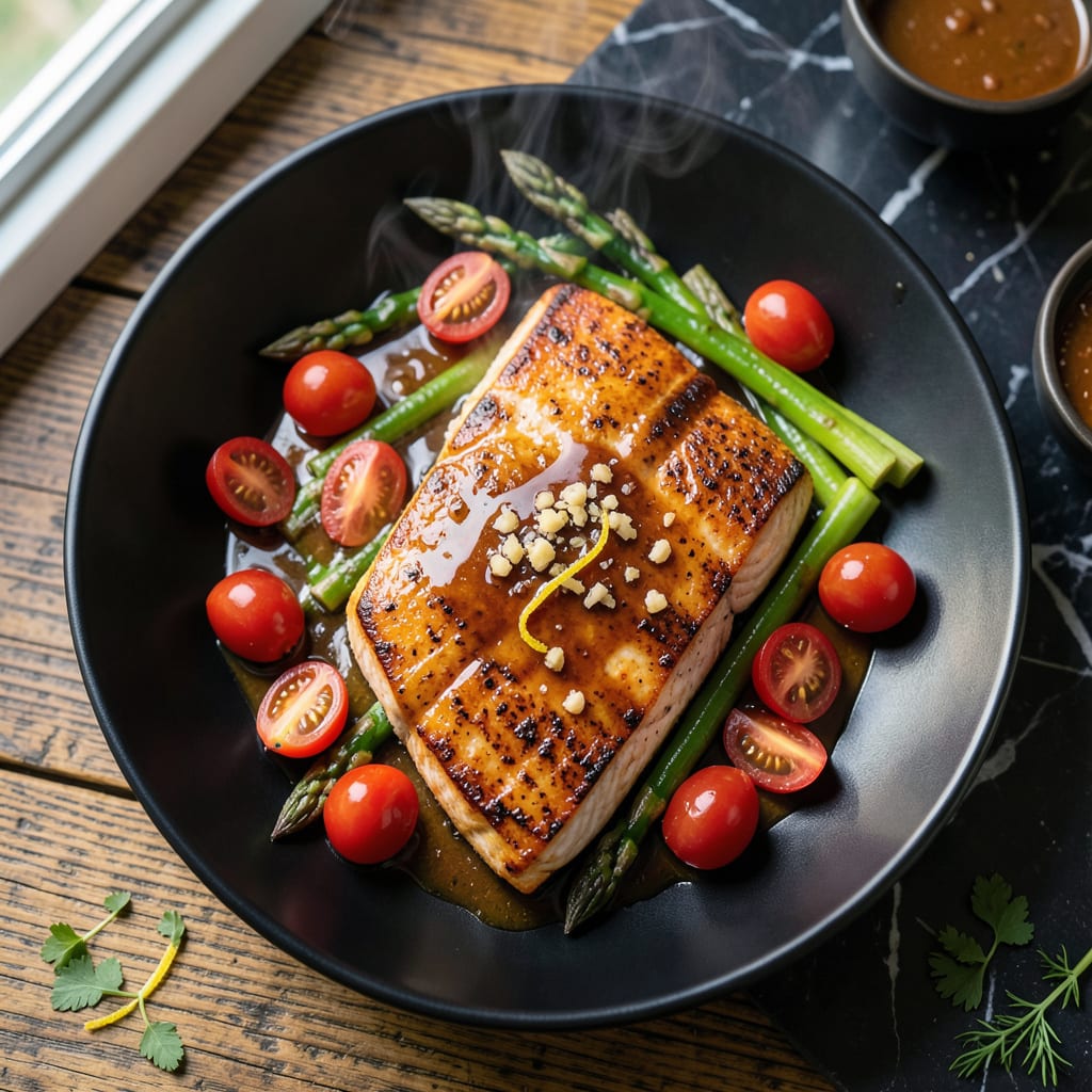 whiskey glazed salmon yard house recipe illustration with key details