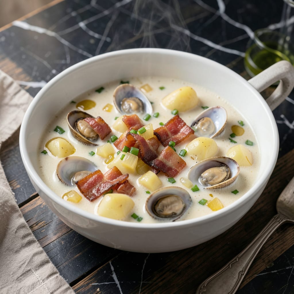 woodmans clam chowder recipe illustration with key details